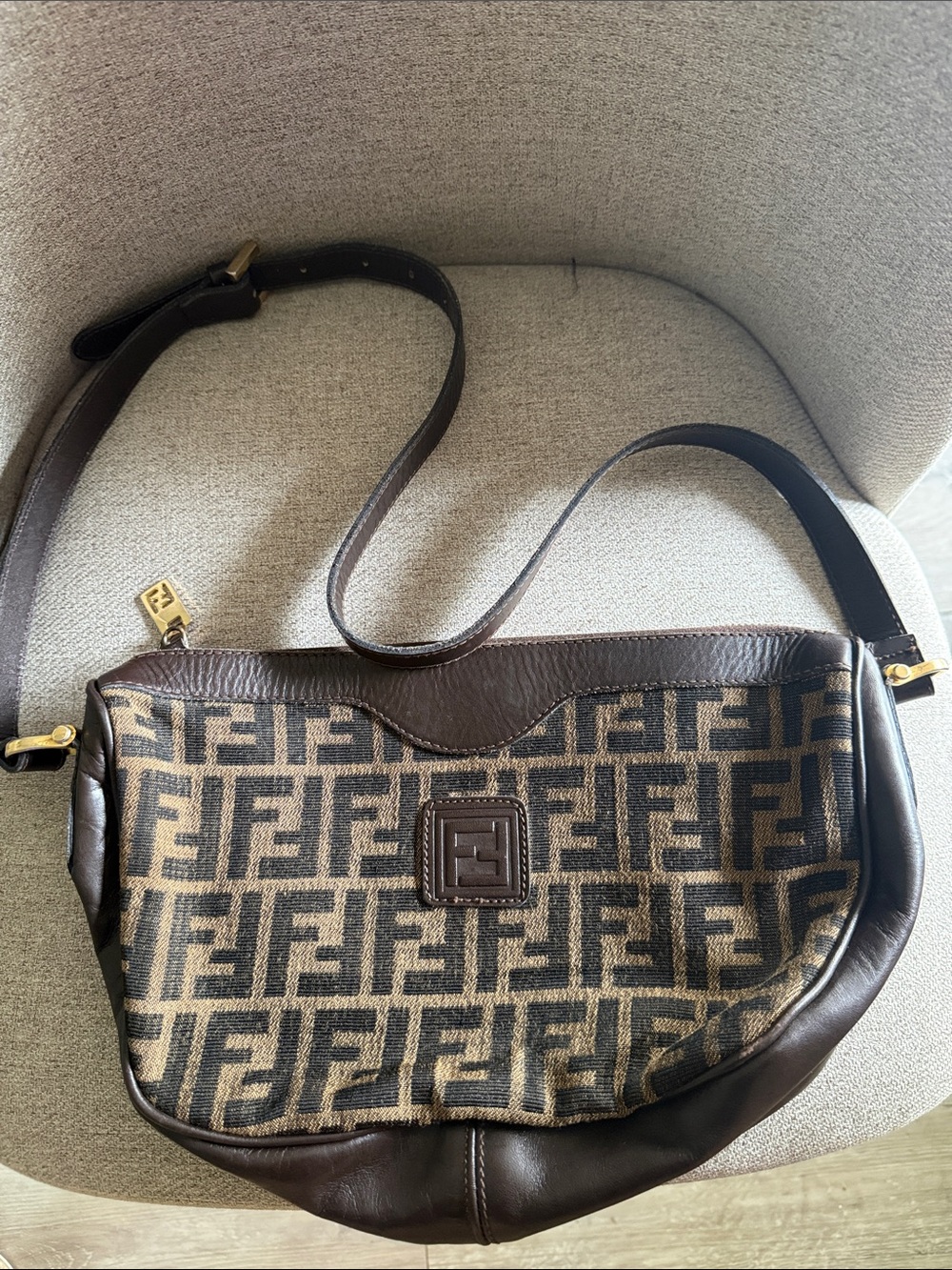 Fendi Brown FF Canvas Crossbody Shoulder Bag with Dark Leather Trim